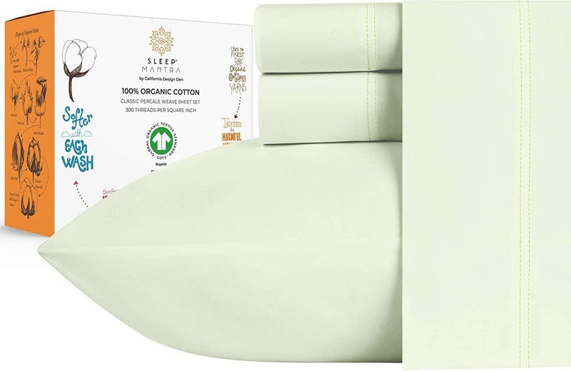 Sleep Mantra Premium 100% Organic Cotton Queen Bed Sheet Set - Soft & Cooling Percale Weave - 4 Piece Bedding Set with Deep Pocket - GOTS Certified - Breathable & Eco-Friendly (Queen, Pistacho Green) - Image 1